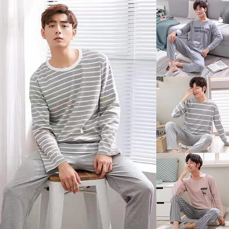 Men's Sleepwear Men's Pajamas Set Long Sleeve Trousers 2 Pieces Lounge Sleepwear Letter Striped Lattice Print Nightwear Soft O-neck Homewaer