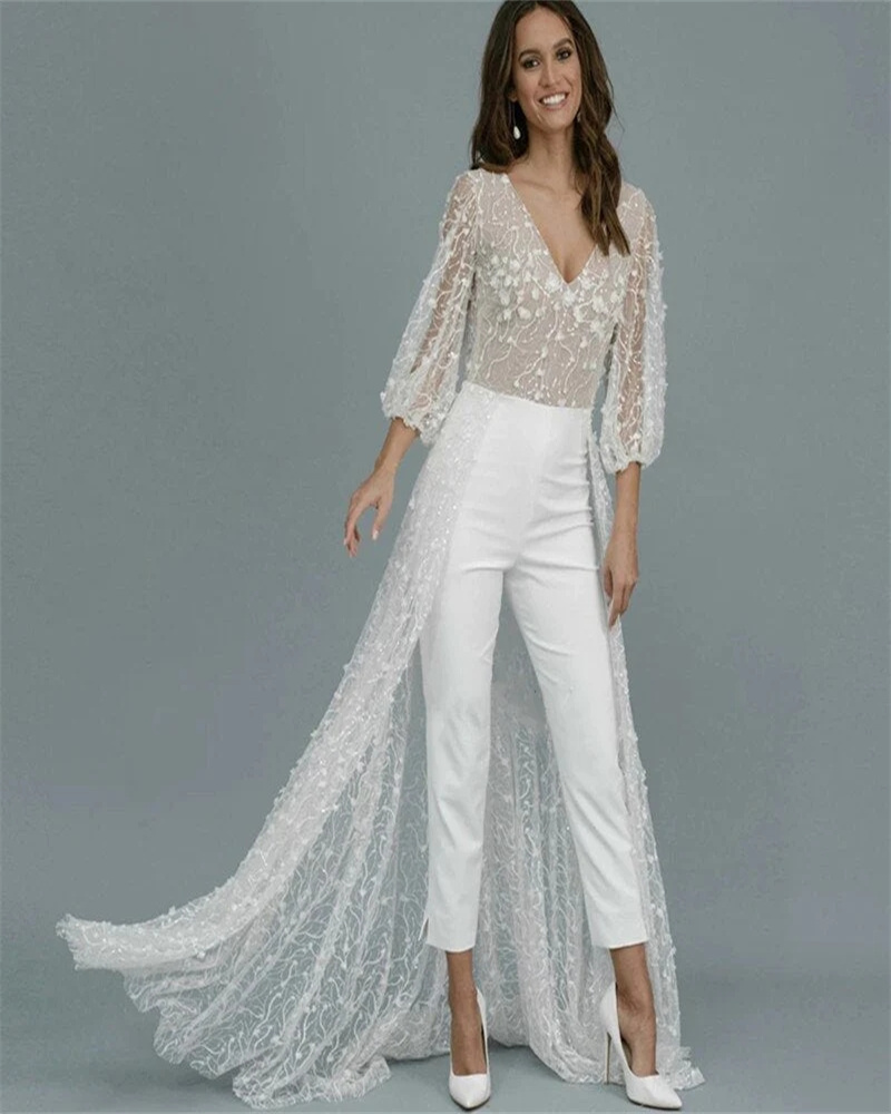 Luxury Jumpsuit Boho Wedding Dress With Train Elegant Overskirt V Neck Garden Bohemian Bridal Dresses With Sleeve Floral Bride vestidos de novia 2023 