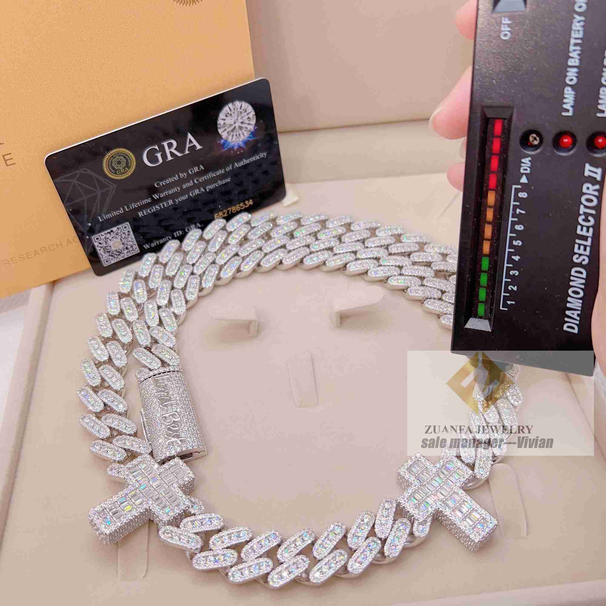 New High Quality Fashion Iced Out 925 Sterling Silver Miami Vvs Moissanite Pass Cuban Link Chain
