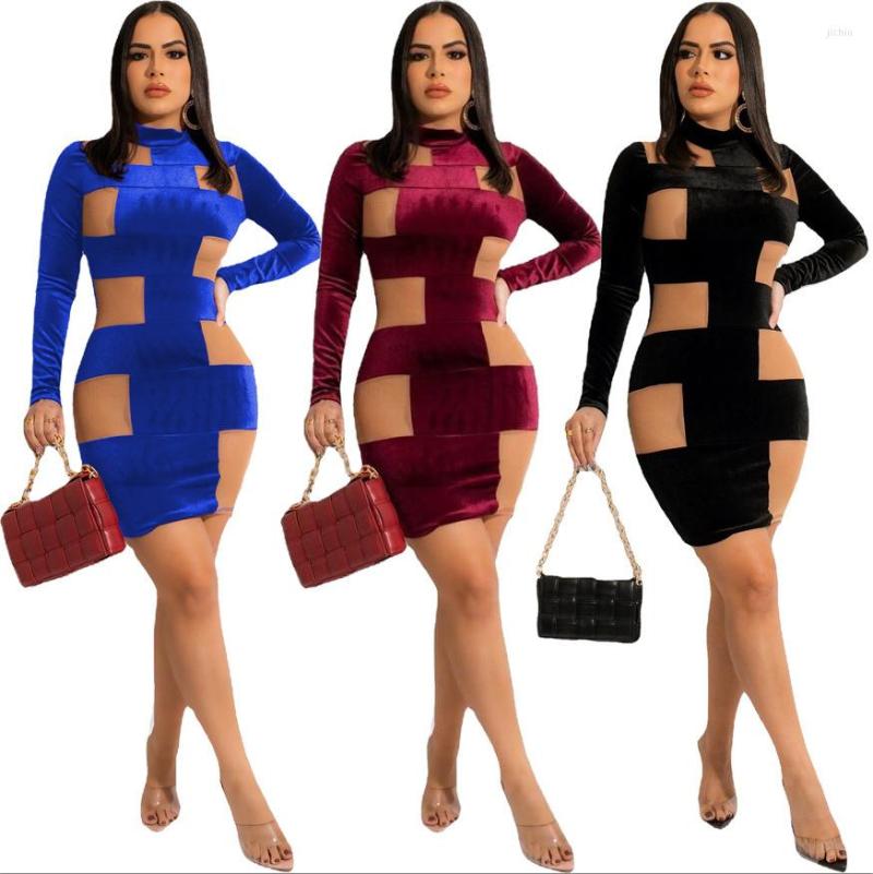Casual Dresses Cutubly Dress Women Sexy Mini Vestidos 2023 Spring Bodycon Long Sleeve Mesh Patchwork Velvet Slim Party Clothes Clubwear