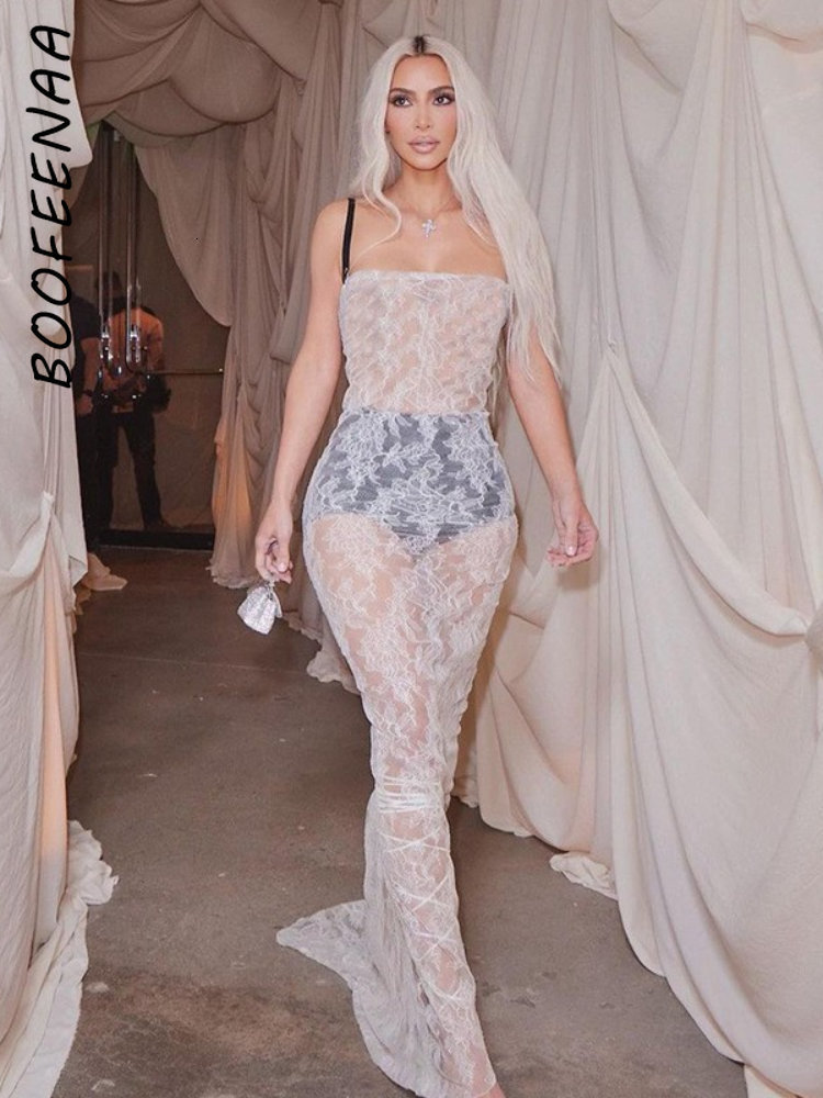 Casual Dresses BOOFEENAA Kim Kardashian See Through Lace White Party Dresses Elegant Sexy Spaghetti Strap Backless Long Maxi Dress C85DZ11 230317
