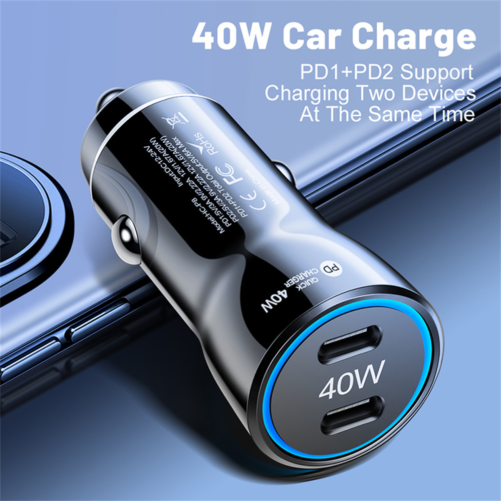 Dual PD Type c Usb C Car Charger 40W Fast Quick Charging Vehicle Car Charger Auto Power Adapters For IPhone 13 14 15 Pro Max Samsung S22 S23 Note 20 H
