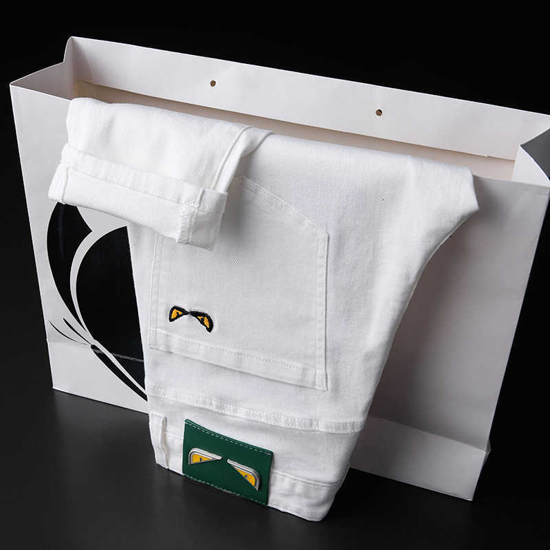 Jeans Men's 2022 Summer Thin Stretch Slim Fit Small Feet Korean Black and White Embroidery Casual Pants Fashion