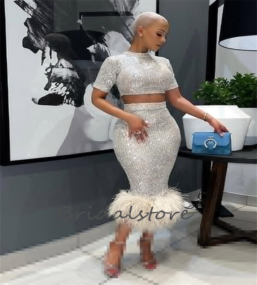 2 Piece Sequin Prom Dress With Feather Spakle Bling High Neck Black Girls Plus Size Midi Evening Dress 2023 Skirt Aso Ebi Cocktail Formal Occasion Bir