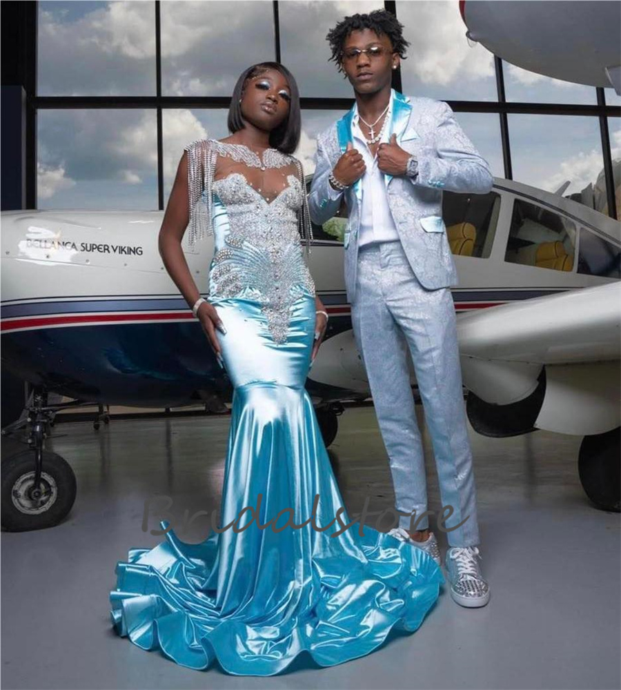 Glamourous Blue Black Girls Prom Dress With Tassel Luxe Mermaid Silk Satin Formal Occasion Evening Pageant Party Gown Aso Ebi Pageant Femme vestidos d