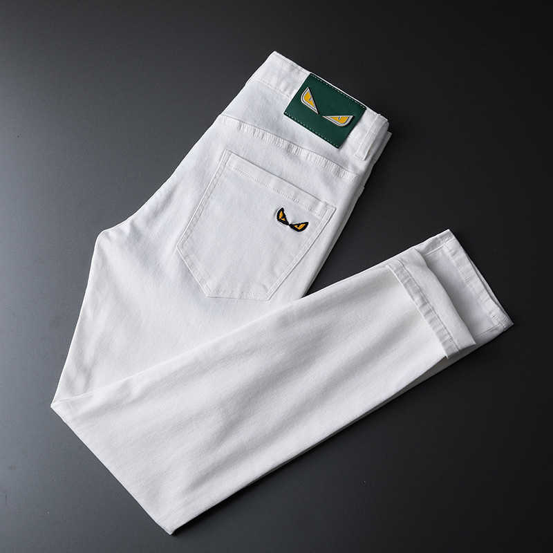 Jeans Men's 2022 Summer Thin Stretch Slim Fit Small Feet Korean Black and White Embroidery Casual Pants Fashion