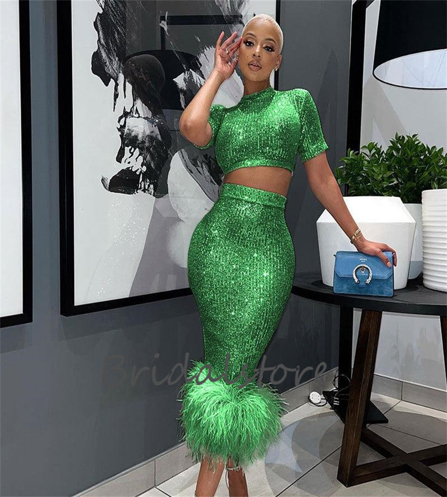 2 Piece Sequin Prom Dress With Feather Spakle Bling High Neck Black Girls Plus Size Midi Evening Dress 2023 Skirt Aso Ebi Cocktail Formal Occasion Bir