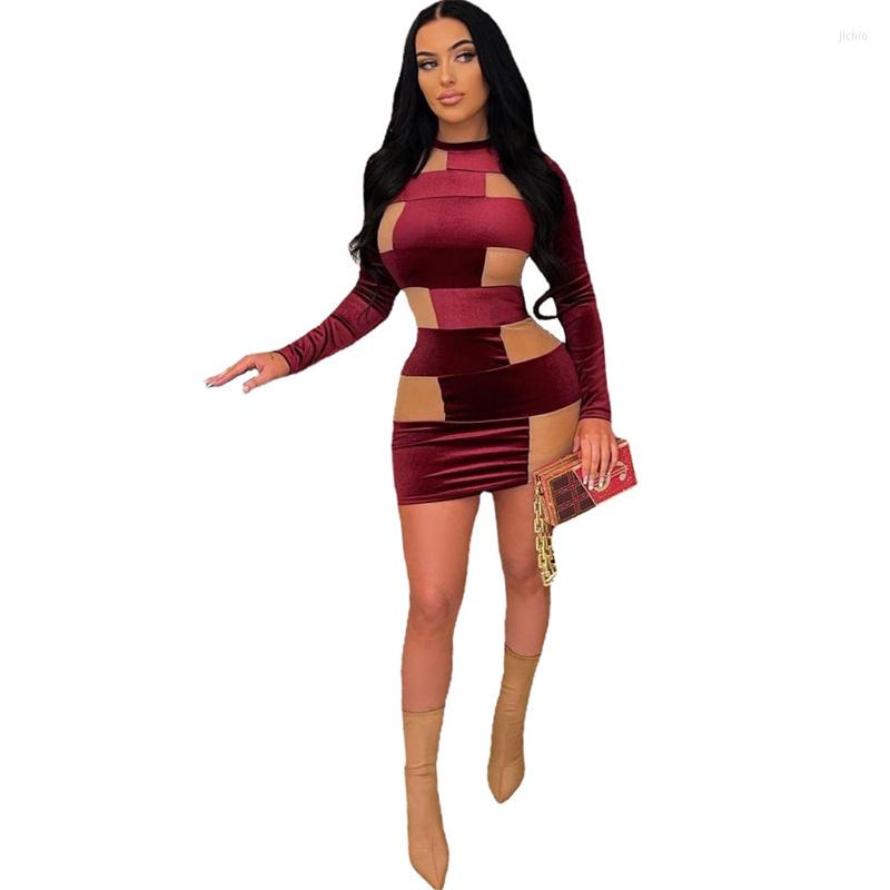 Casual Dresses Cutubly Dress Women Sexy Mini Vestidos 2023 Spring Bodycon Long Sleeve Mesh Patchwork Velvet Slim Party Clothes Clubwear