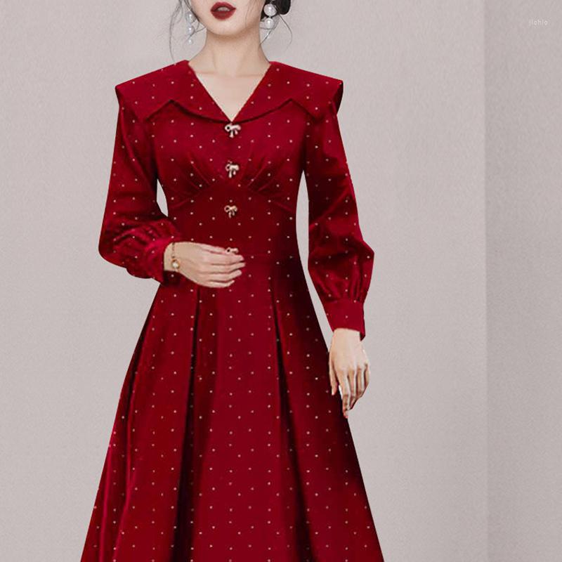 Casual Dresses High Quality France Spring Wine Red Dot Print Midi Dress Vintage Women V Neck Bow Button Lantern Sleeve Party Ball Gown