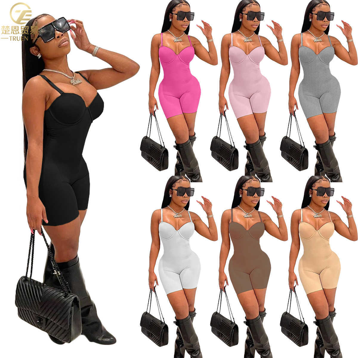 Newest Lady Bodycon Jumpsuits 2023 Spring Summer Short Halter One-piece Sexy Sleeveless Rompers Bodysuits For Women