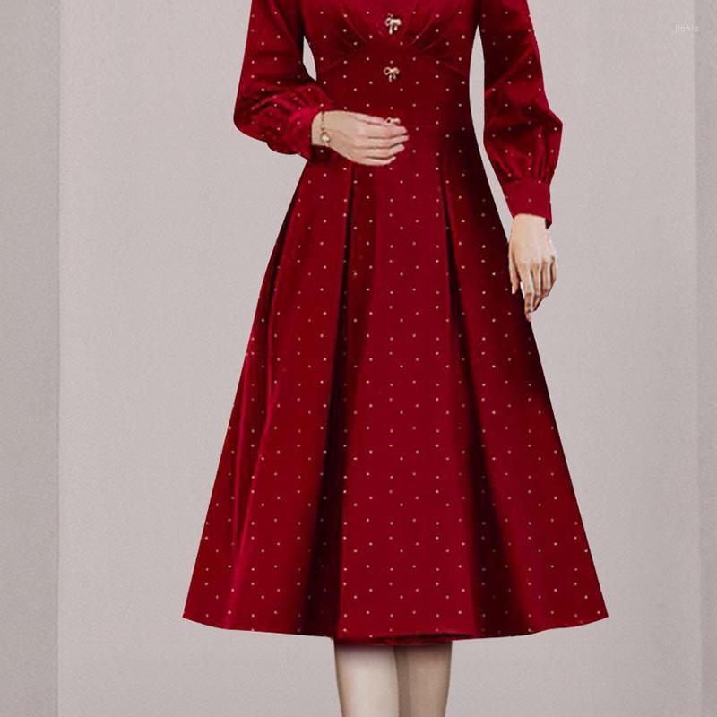 Casual Dresses High Quality France Spring Wine Red Dot Print Midi Dress Vintage Women V Neck Bow Button Lantern Sleeve Party Ball Gown