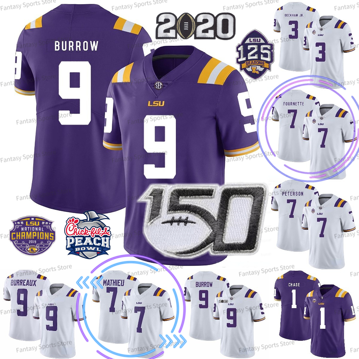 LSU Tigers Joe Burrow 9 Burreaux Jersey JaMarr Chase Tyrann Mathieu Patrick Peterson Leonard Fournette Odell Beckham Jr. Guice Football Jersey 150th, Purple jersey+peach bowl patch
LSU Tigers Joe Burrow 9 Burreaux Jersey JaMarr Chase Tyrann Mathieu Patrick Peterson Leonard Fournette Odell Beckham Jr. Guice Football Jersey 150th, Purple jersey+peach bowl patch