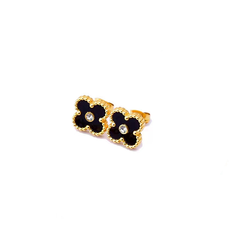 Gold Plated One Diamond Clover Stud Earrings Jewelry for Gift