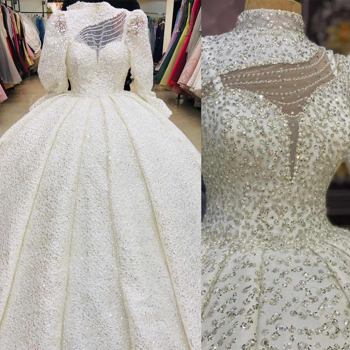 Luxury Ball Gown Wedding Dresses High Neck Art Design Hollow Long Sleeves Shining Applicants Backless Zipper Floor Length Custom Made Bridal Gown Vest