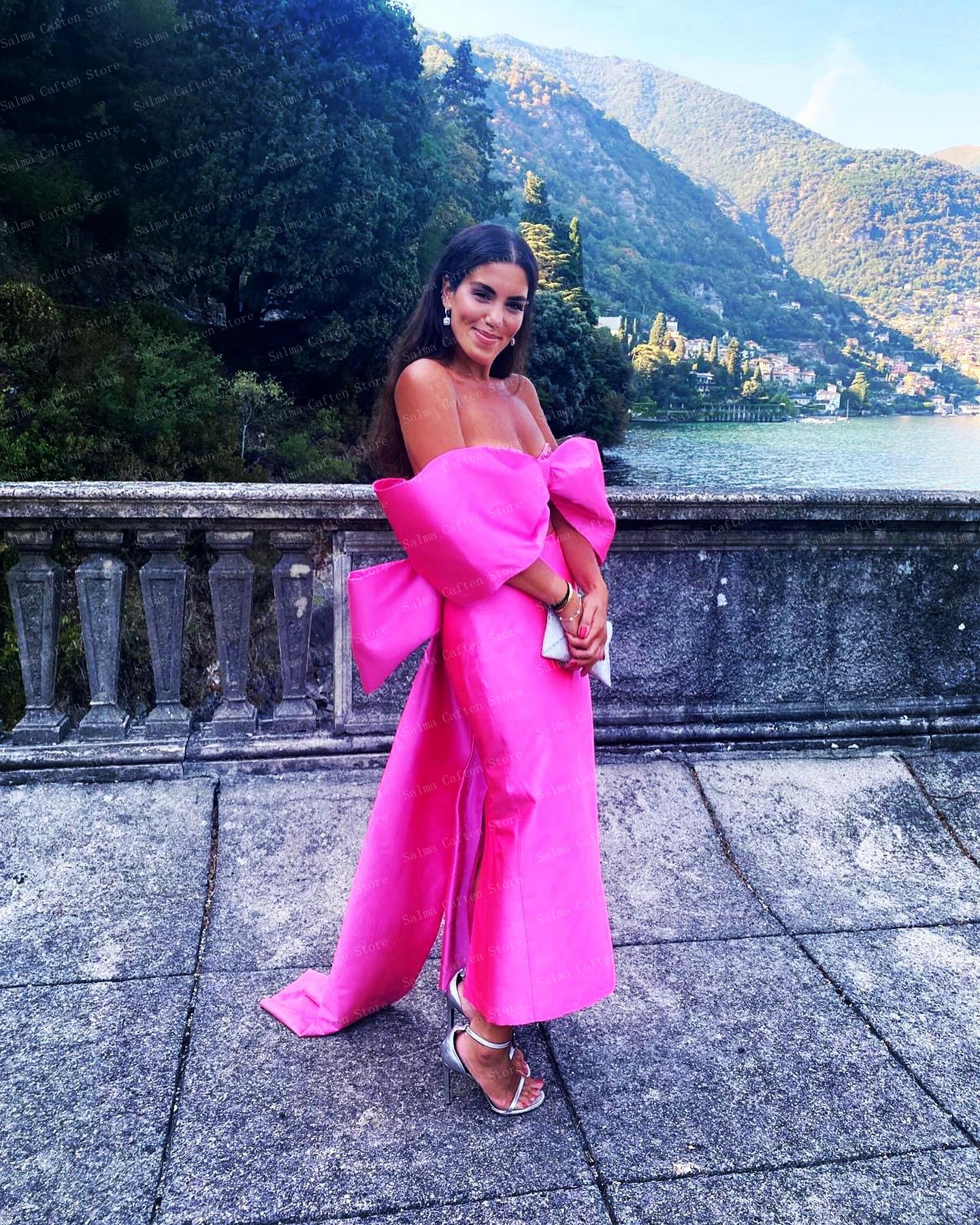 Hot Fuchsia Sheath Fromal Evening Dress 2024 Off the Shoulder Big Bow Satin Ankle Length Women Prom Party Gowns Celebrity Style Robe De Soiree