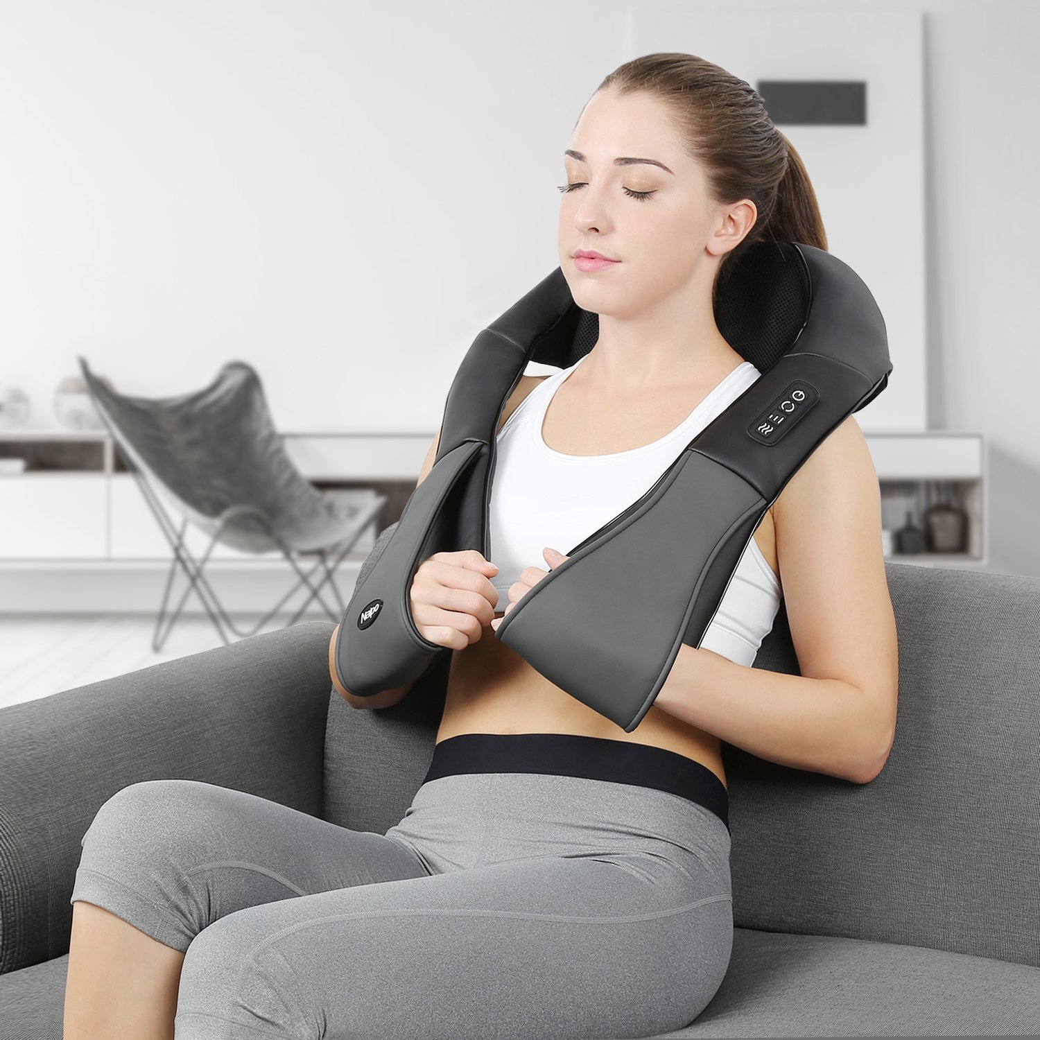 Shiatsu Back Neck and Shoulder Massager with Adjustable Heat and Speed, 8 Nodes Electric Deep Tissue Kneading Massage for Back