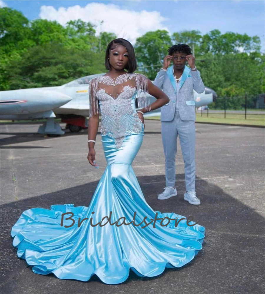 Glamourous Blue Black Girls Prom Dress With Tassel Luxe Mermaid Silk Satin Formal Occasion Evening Pageant Party Gown Aso Ebi Pageant Femme vestidos d
