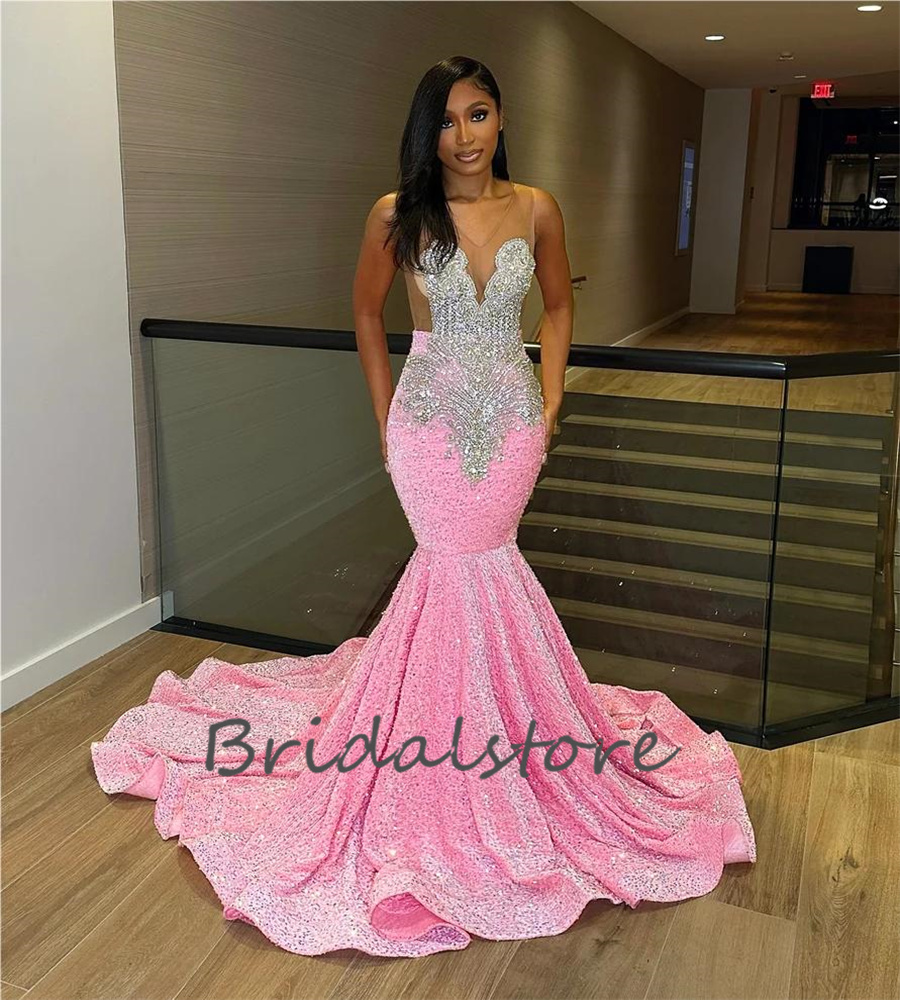 Beautiful Pink Sequin Black Girls Prom Dress Plus Size Mermaid Sparkle Crystal Beaded Eveniing Gowns Fishtail Formal Party Robes De Soiree female Vest