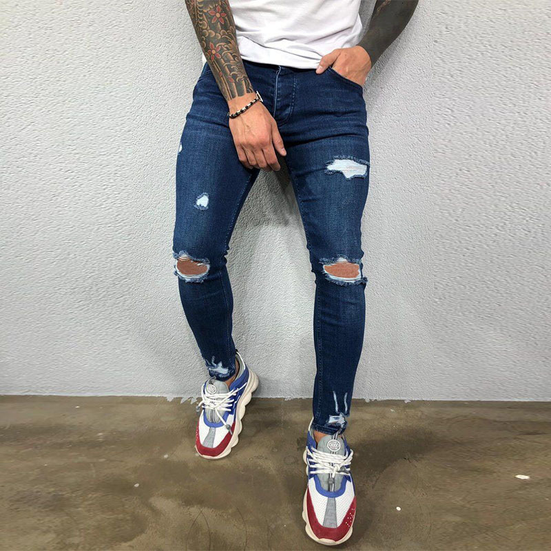 Mens Jeans Men Knee Hole Ripped Stretch Skinny Denim Pants Solid Color Black Blue Autumn Summer HipHop Style Slim Fit Trousers S4XL 230317