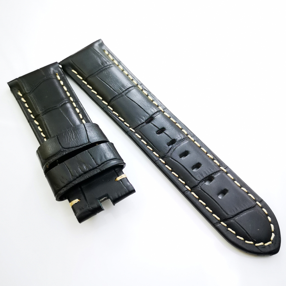 24 mm - 22 mm Black Crocodile Grain Calf Leather Watch Band Strap Fit For PAM PAM111 Watch