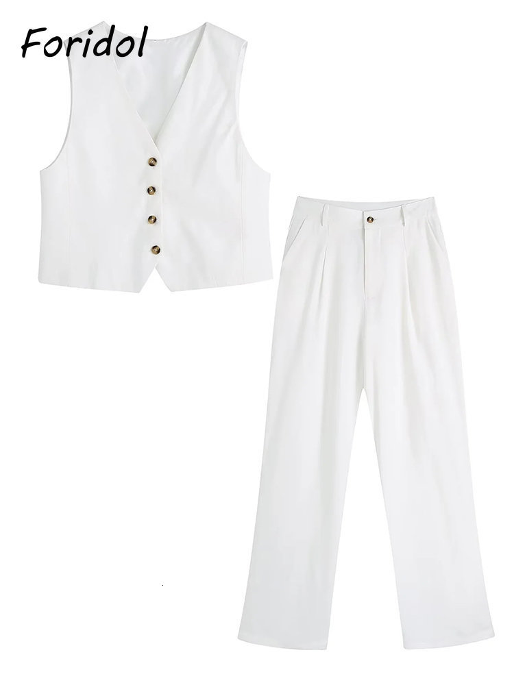 Womens Two Piece Pants Foridol White Cotton Linen Long Sleeveless Vest Suit Office Lay Autumn Summer Wide Leg Casual Fashion Set Outfit 230317