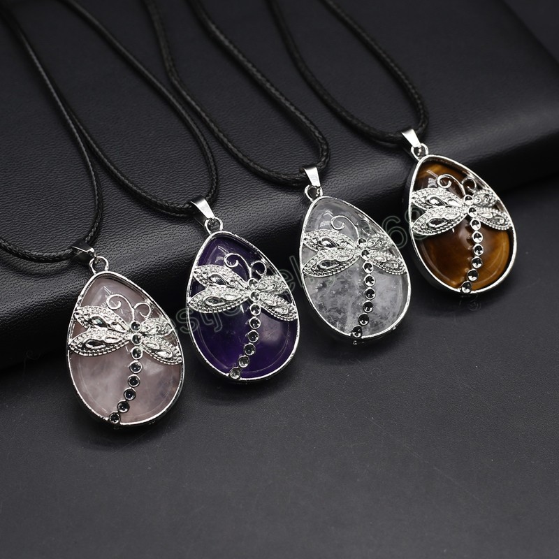 Natural Stone Pendant Necklace Opal Rose Quartz Amethyst Butterfly Rope Chains Healing Crystals Stone Necklace For Women Jewelry