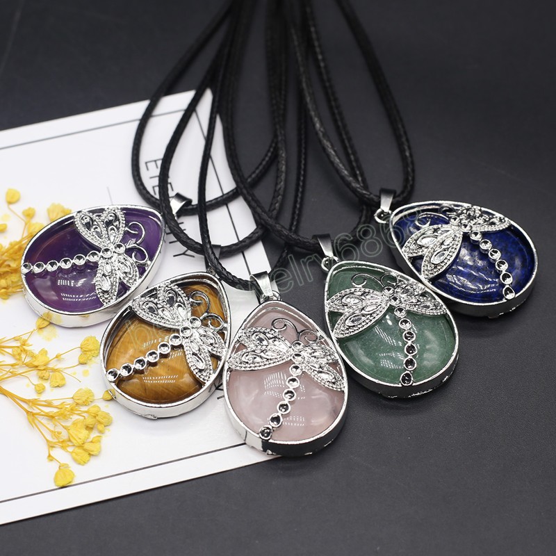 Natural Stone Pendant Necklace Opal Rose Quartz Amethyst Butterfly Rope Chains Healing Crystals Stone Necklace For Women Jewelry