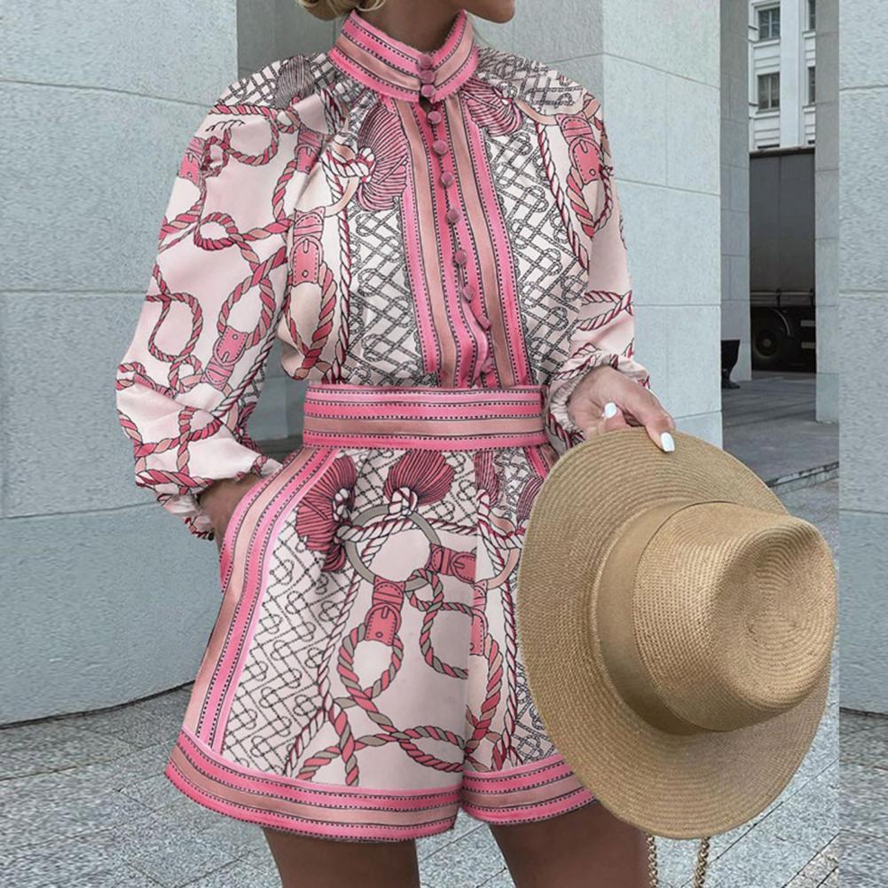 Womens Two Piece Pants Vintage Blouse Pattern Print Women Turtleneck Suit Elegant Buttoned Pullover Top Shorts Set Fashion Lady 2pcs Outfits Shirt 230