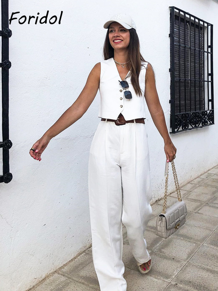 Womens Two Piece Pants Foridol White Cotton Linen Long Sleeveless Vest Suit Office Lay Autumn Summer Wide Leg Casual Fashion Set Outfit 230317