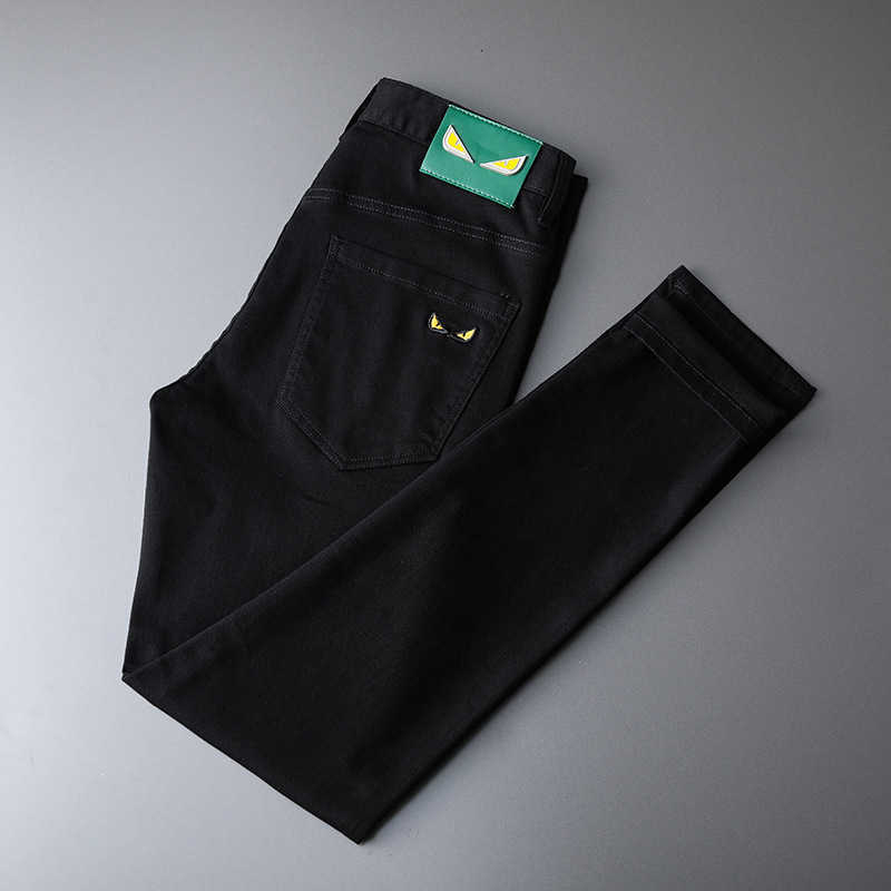 Jeans Men's 2022 Summer Thin Stretch Slim Fit Small Feet Korean Black and White Embroidery Casual Pants Fashion