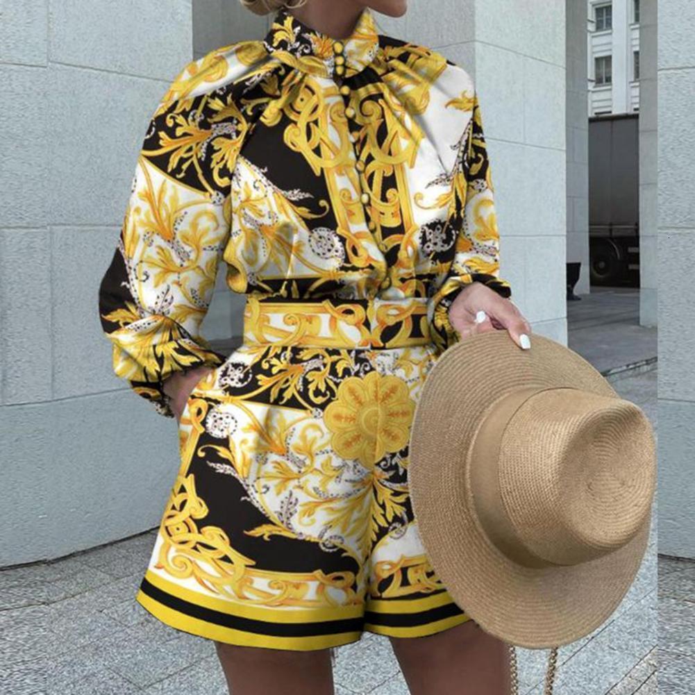 Womens Two Piece Pants Vintage Blouse Pattern Print Women Turtleneck Suit Elegant Buttoned Pullover Top Shorts Set Fashion Lady 2pcs Outfits Shirt 230