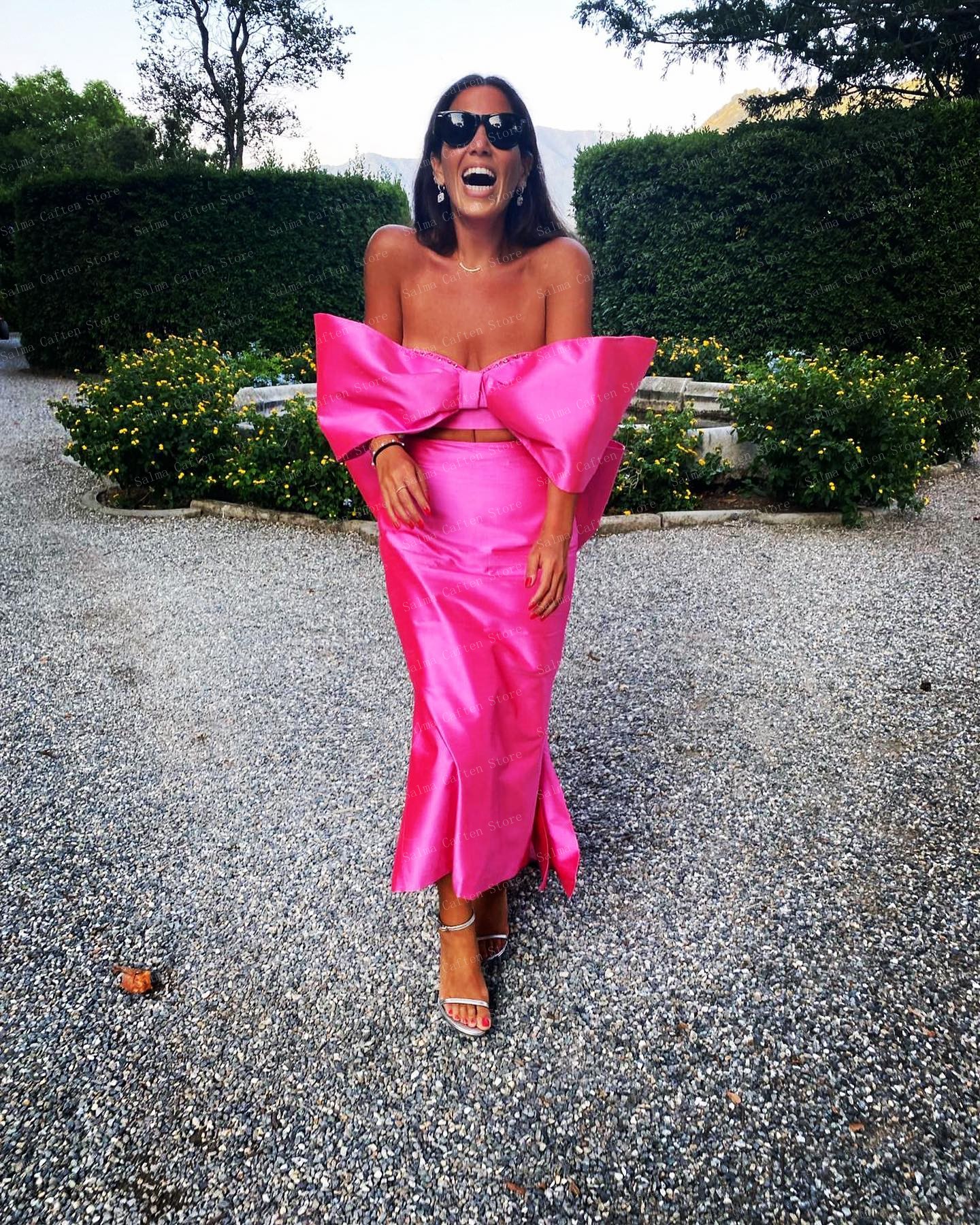 Hot Fuchsia Sheath Fromal Evening Dress 2024 Off the Shoulder Big Bow Satin Ankle Length Women Prom Party Gowns Celebrity Style Robe De Soiree