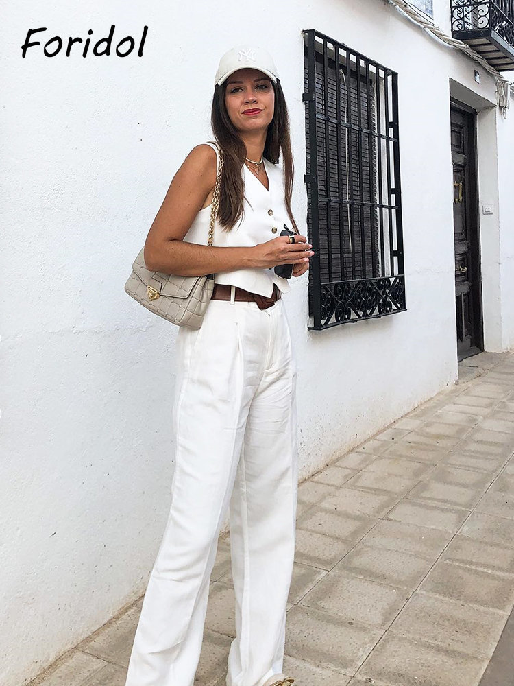 Womens Two Piece Pants Foridol White Cotton Linen Long Sleeveless Vest Suit Office Lay Autumn Summer Wide Leg Casual Fashion Set Outfit 230317