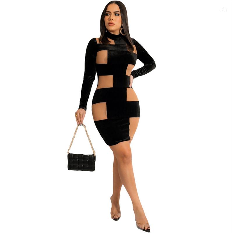 Casual Dresses Cutubly Dress Women Sexy Mini Vestidos 2023 Spring Bodycon Long Sleeve Mesh Patchwork Velvet Slim Party Clothes Clubwear
