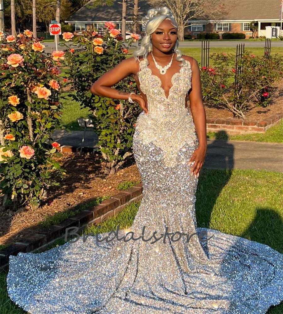 Plus Size Silver Black Girls Prom Dress 2023 With Crystal Nigeria African Mermaid Evening Gowns Sparkle Formal Party Birthday Robes De Soiree female V