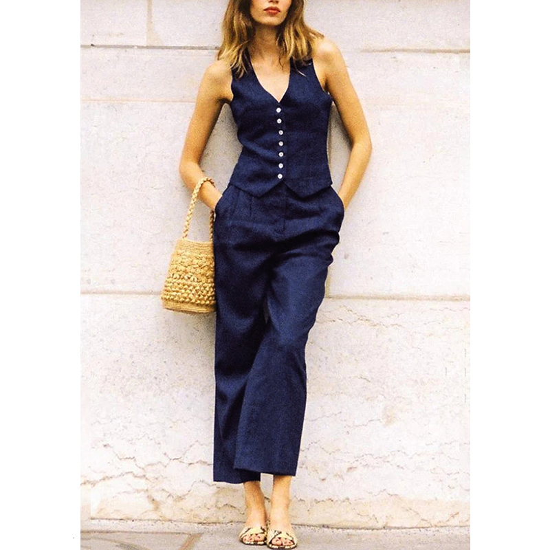 Womens Two Piece Pants Retro Linen WomenS Suits Women Blue Sleeveless Button Up Vest Tops Wide Leg Sets 2 Pieces Outfits Ensemble Femme 230317