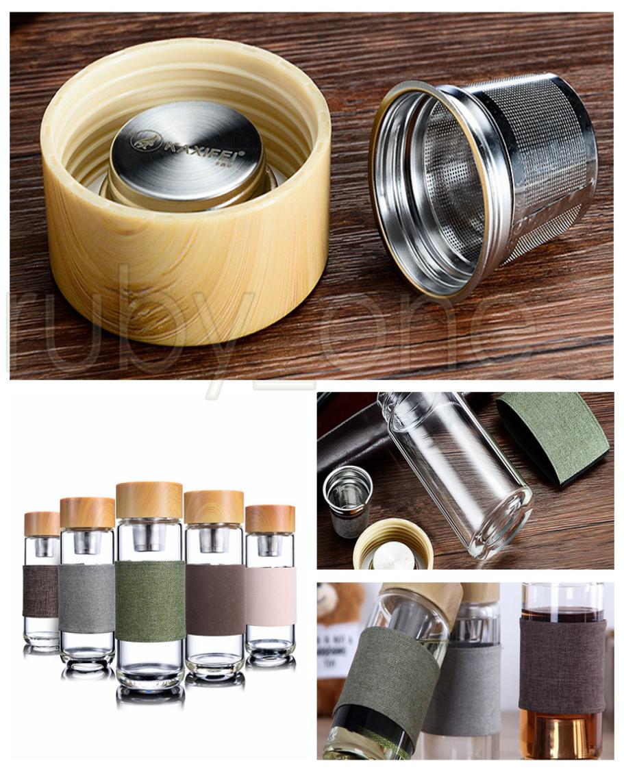 350ml 12oz Glass Water Bottles Heat Resistant Round Office Tea Cup With Stainless Steel Tea Infuser Strainer Tea Mug Car Tumblers