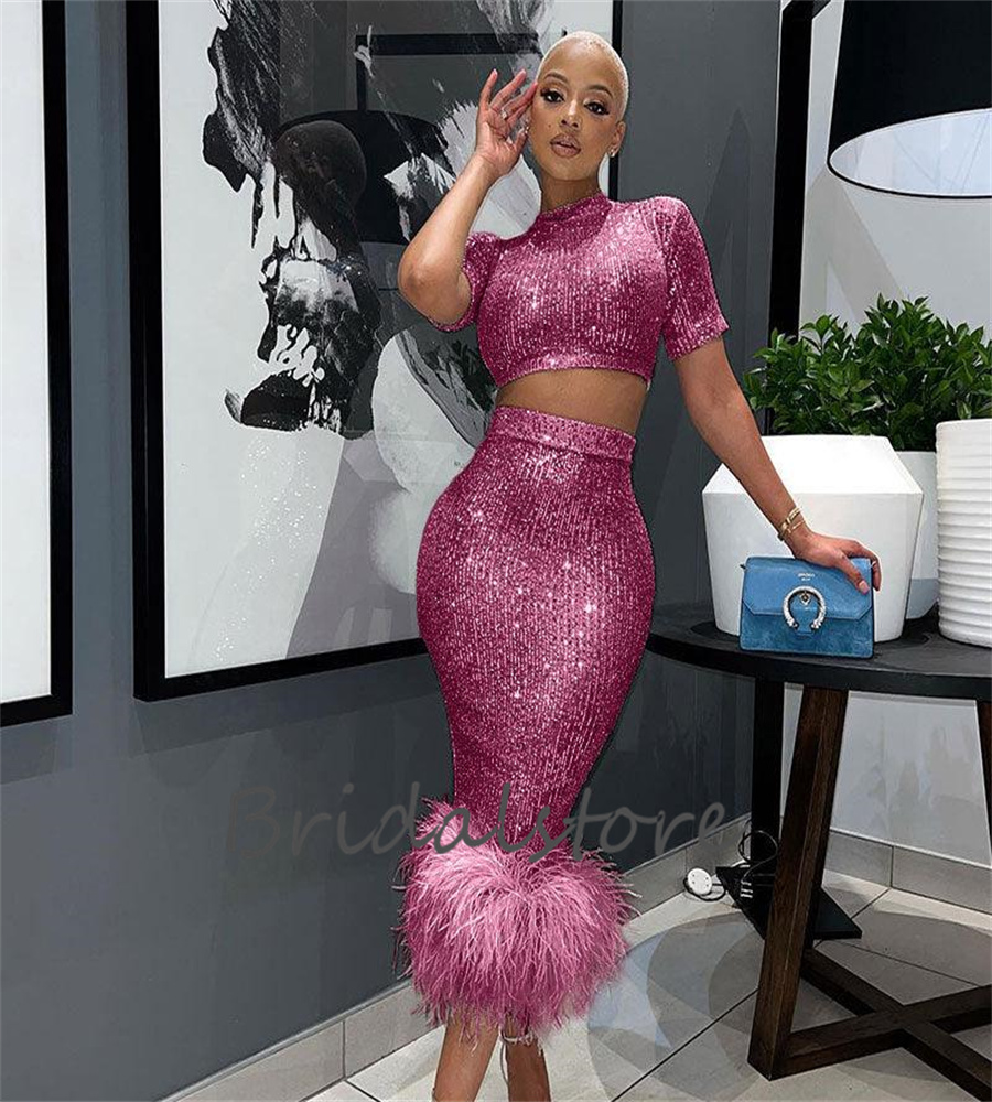 2 Piece Sequin Prom Dress With Feather Spakle Bling High Neck Black Girls Plus Size Midi Evening Dress 2023 Skirt Aso Ebi Cocktail Formal Occasion Bir