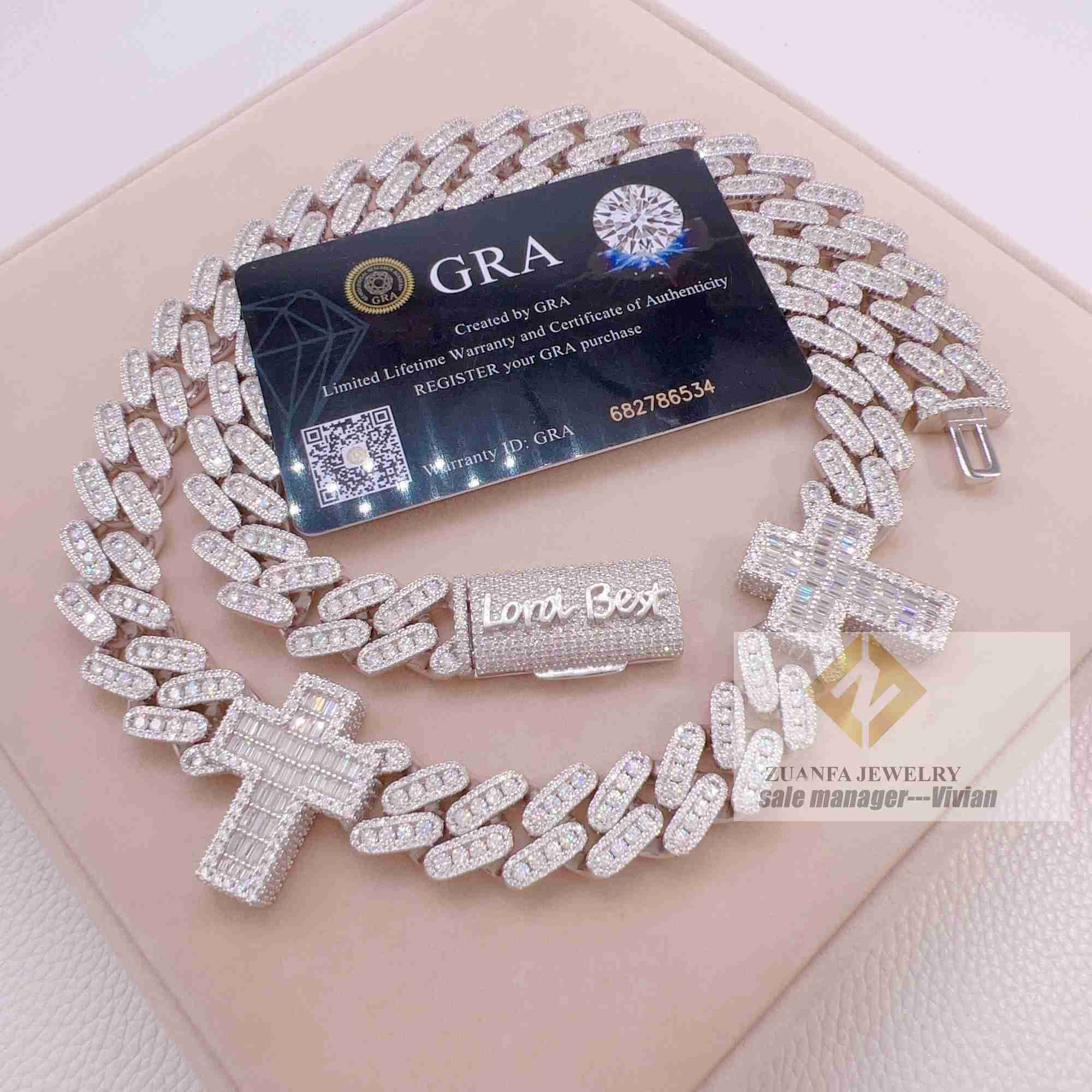 New High Quality Fashion Iced Out 925 Sterling Silver Miami Vvs Moissanite Pass Cuban Link Chain