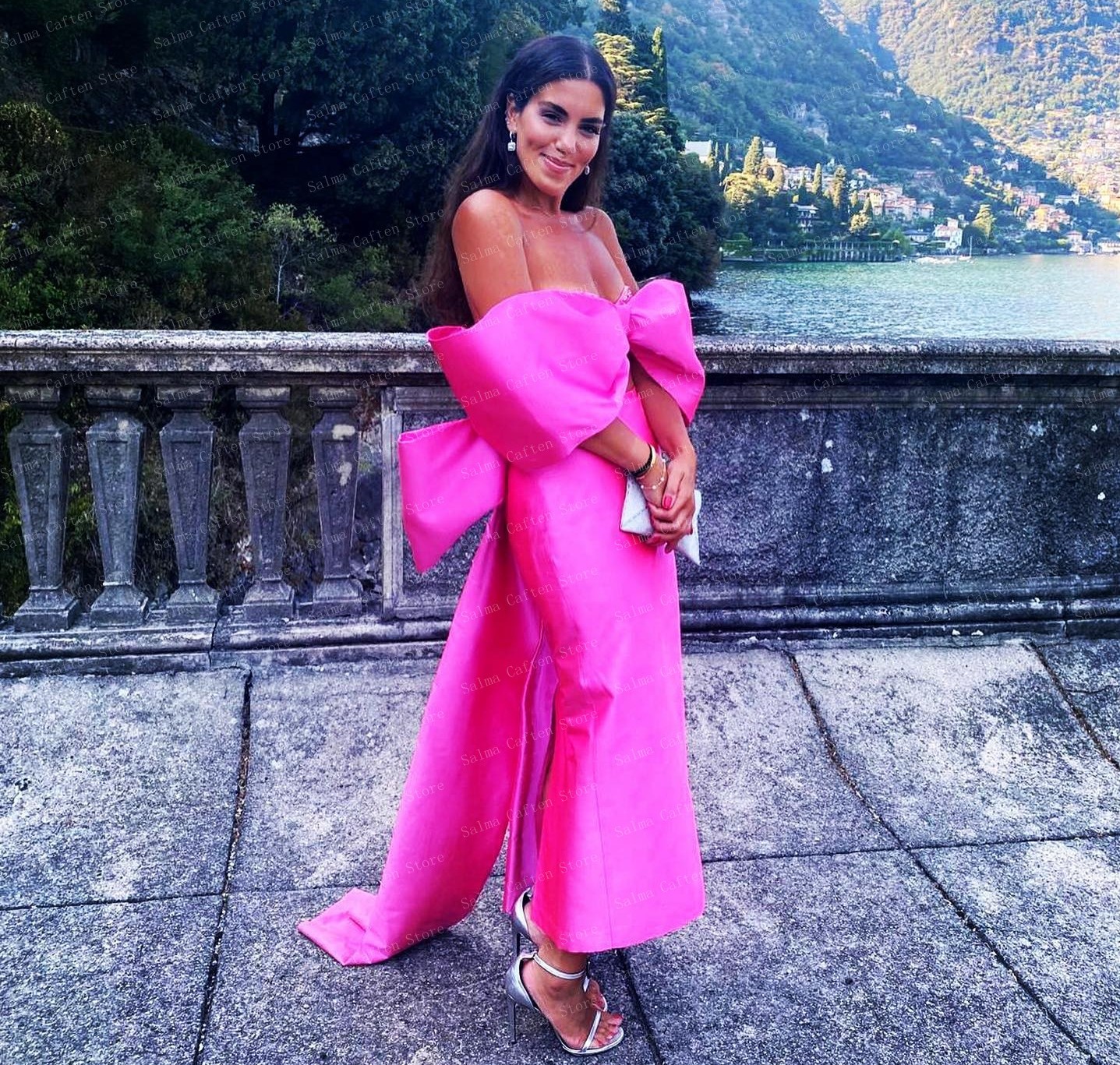 Hot Fuchsia Sheath Fromal Evening Dress 2024 Off the Shoulder Big Bow Satin Ankle Length Women Prom Party Gowns Celebrity Style Robe De Soiree