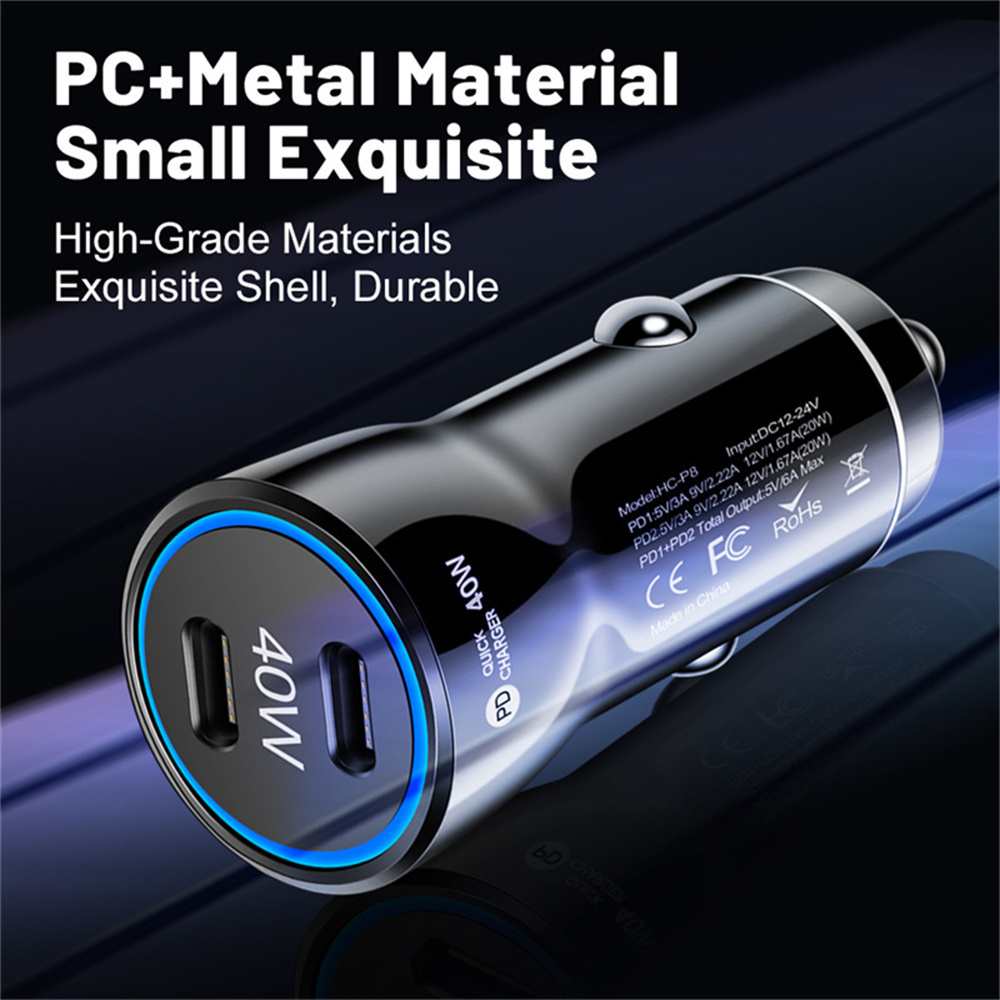 Dual PD Type c Usb C Car Charger 40W Fast Quick Charging Vehicle Car Charger Auto Power Adapters For IPhone 13 14 15 Pro Max Samsung S22 S23 Note 20 H