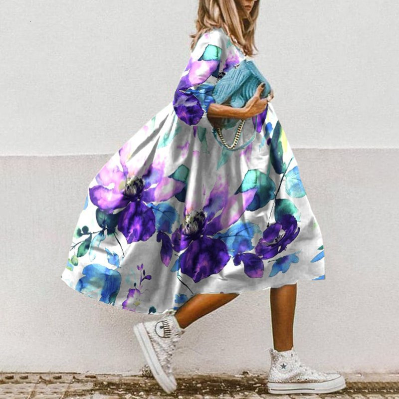 Casual Dresses Women Floral Print ALine Dress Summer Fashion O Neck Loose Office Party Dresses Casual Half Sleeved Boho Beach Dress Vestidos 230317