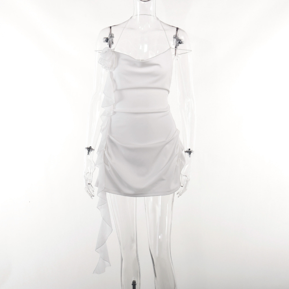 Casual Dresses White Ruffle Mini Dress Summer Women Elegant Spaghetti Strap Slim Party Dress Sexy Vneck Backless Vacation Club Outfits 2023 230317