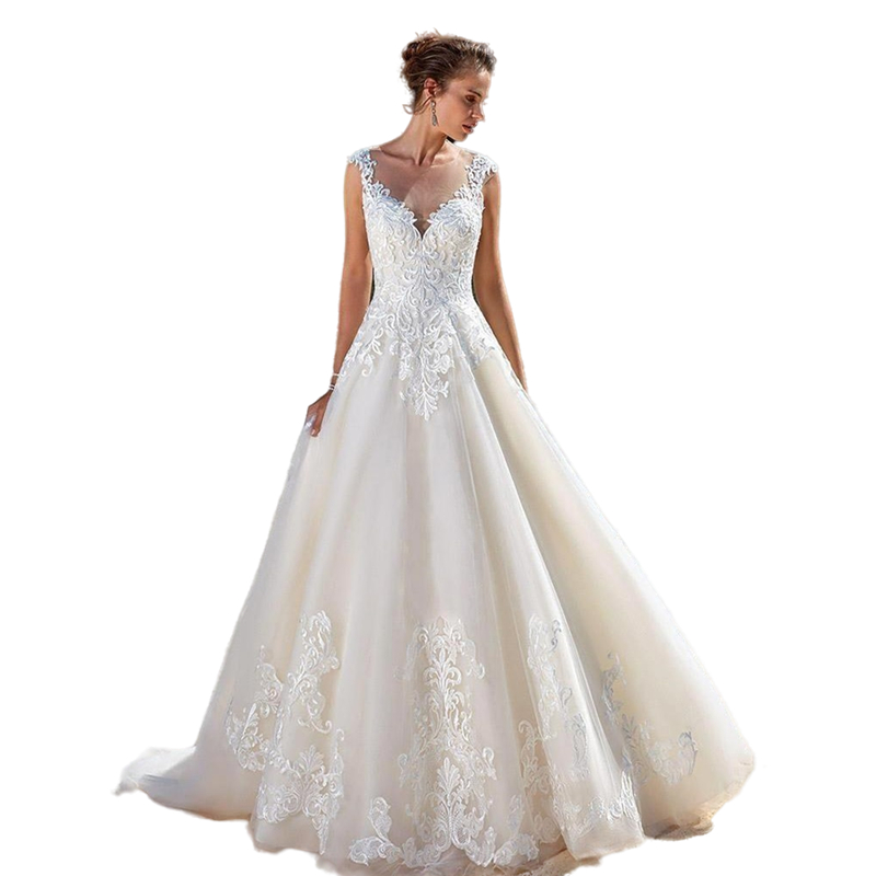 2023 Sleeveless Boho Wedding Dress Lace Applique A Line Long Bohemian Bride Dresses Transparent Crew Neck Back Buttons Court Train Summer Beach Bridal