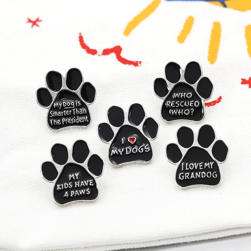 Black Animal Pet Dog paw Brooch I love MY DOGS Enamel paw brooches BackPack Jackets Metal Lapel Pin Cute Badge Jewelry Wholesale