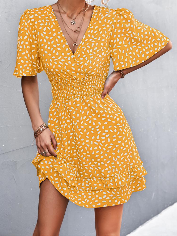 Casual Dresses Green Mini Dress Women Summer Butterfly Sleeve Sexy V Neck Ladies Boho Polka Dot A-Line Beach Sundress Vestidos