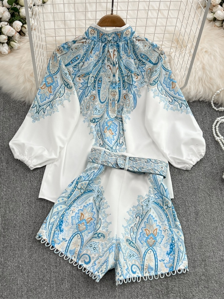 Womens Two Piece Pants DEAT Women Vintage Print Lady Blouses High Waist Belt Shorts Set Fashion Temperament Spring spring 11D9871 230317