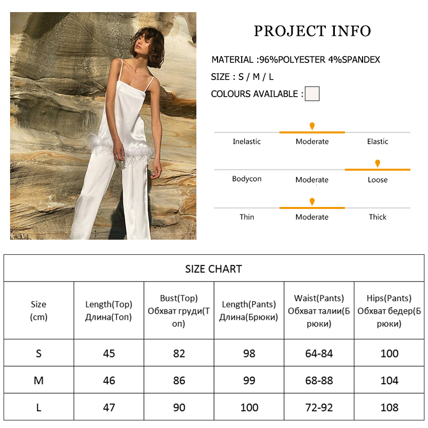 Womens Sleepwear Hiloc Chic Satin Pajamas With Feathers Women Sets Pants Black Spaghetti Strap Home Suit White Trouser Suits 230317