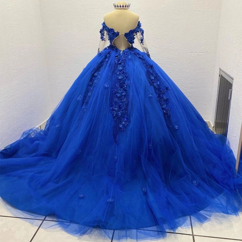 Quinceanera Dresses Princess Long Sleeve Royal Blue 3D Flowers Sexy Backless Ball Gown with Tulle Plus Size Sweet 16 Debutante Party Birthday Vestidos