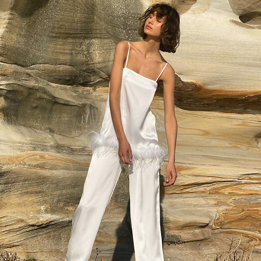 Womens Sleepwear Hiloc Chic Satin Pajamas With Feathers Women Sets Pants Black Spaghetti Strap Home Suit White Trouser Suits 230317